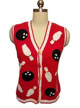 *  VINTAGE MARISA CHISTINA BOWLING BALL SWEATER VEST WITH BOWLING PIN BUTTONS