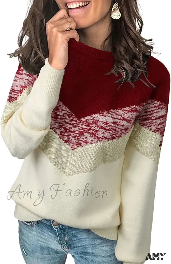 Amy Fashion - Womens Long Sleeve Crewneck Pullover Knit Jumper Tops