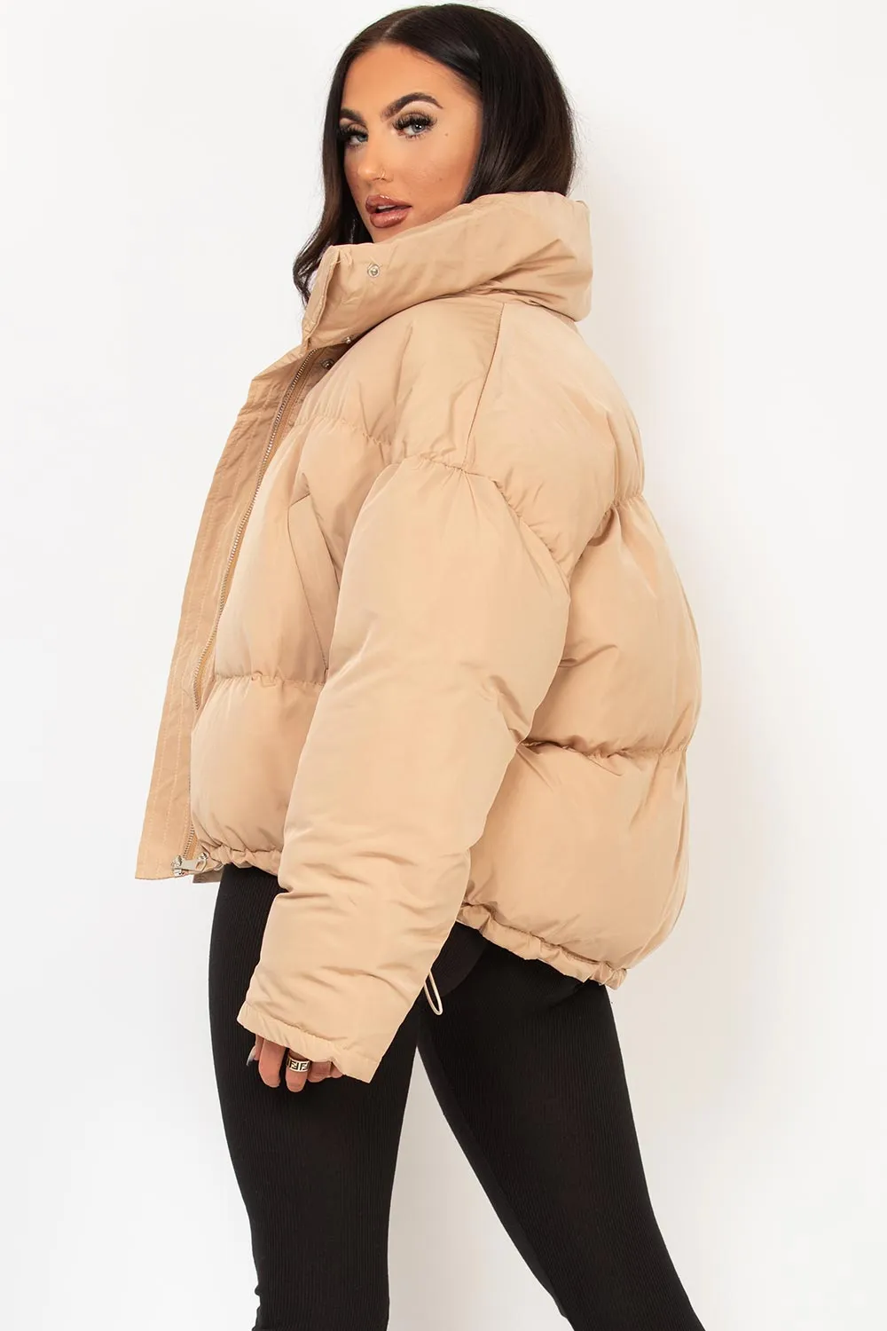 Beige Puffer Jacket With Drawstring Hem