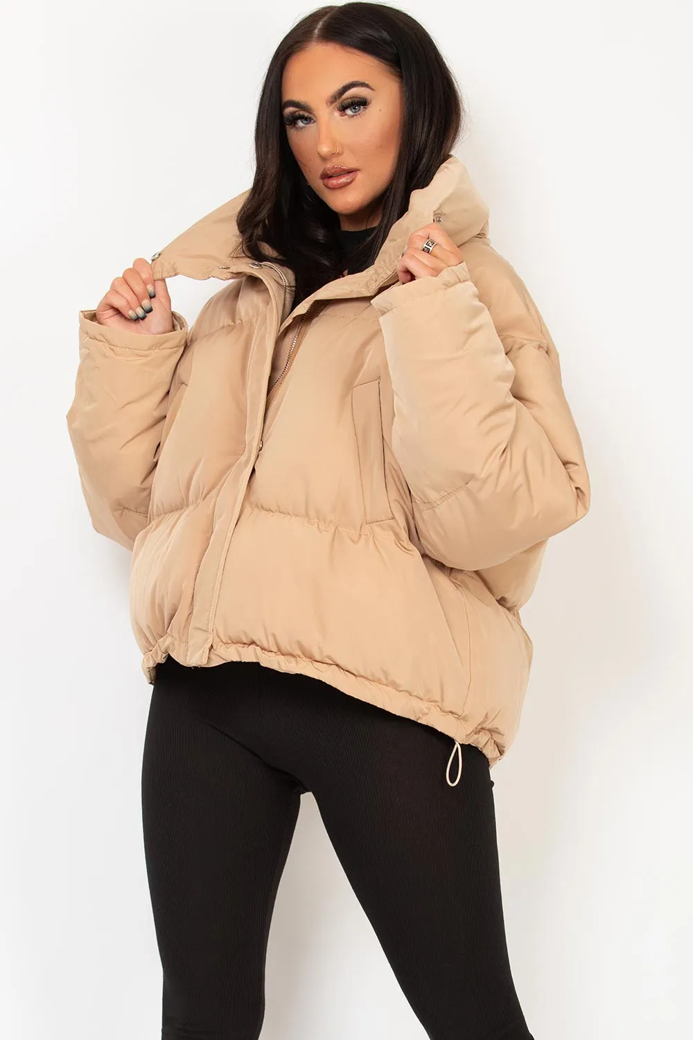 Beige Puffer Jacket With Drawstring Hem