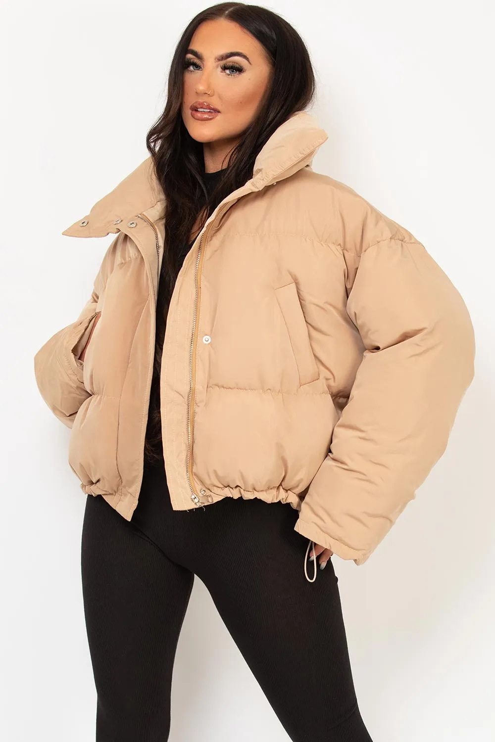 Beige Puffer Jacket With Drawstring Hem