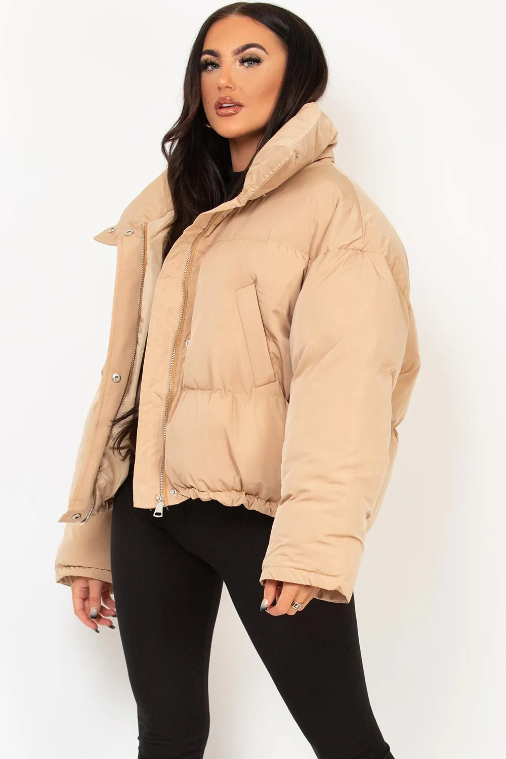 Beige Puffer Jacket With Drawstring Hem