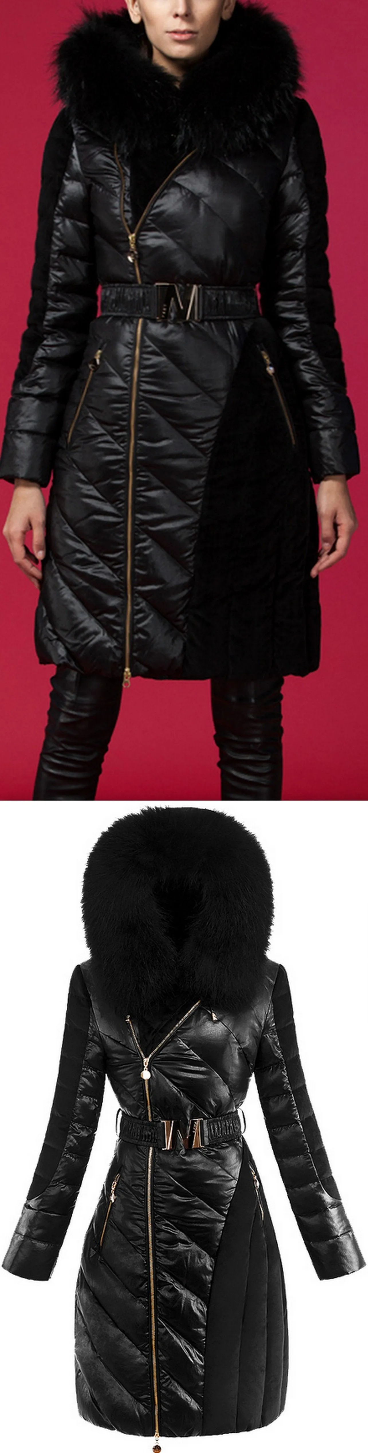 Belted Black Paneled Puffer Coat with Fur Hood