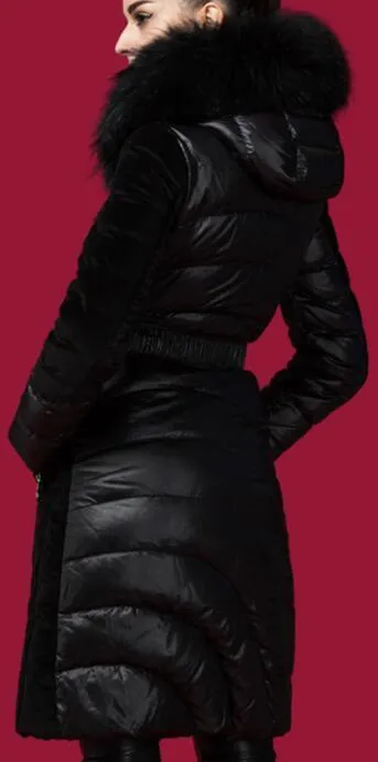 Belted Black Paneled Puffer Coat with Fur Hood