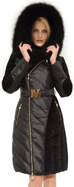 Belted Black Paneled Puffer Coat with Fur Hood