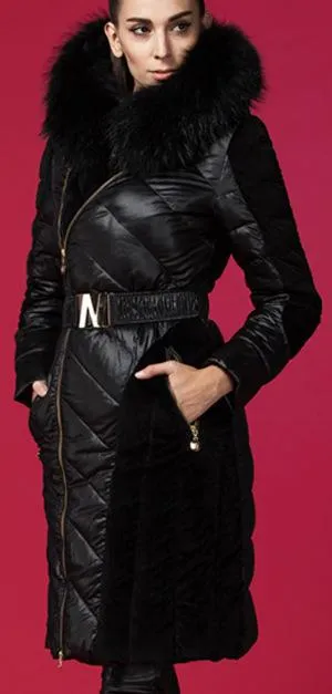 Belted Black Paneled Puffer Coat with Fur Hood