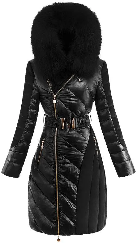 Belted Black Paneled Puffer Coat with Fur Hood