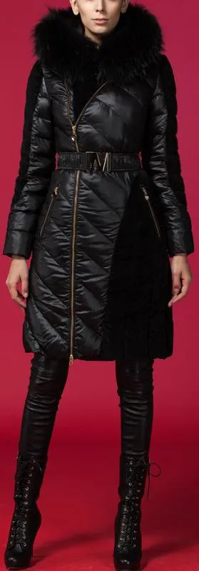 Belted Black Paneled Puffer Coat with Fur Hood