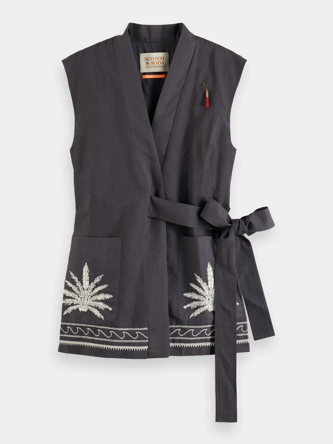 Belted gilet with palm embroidery