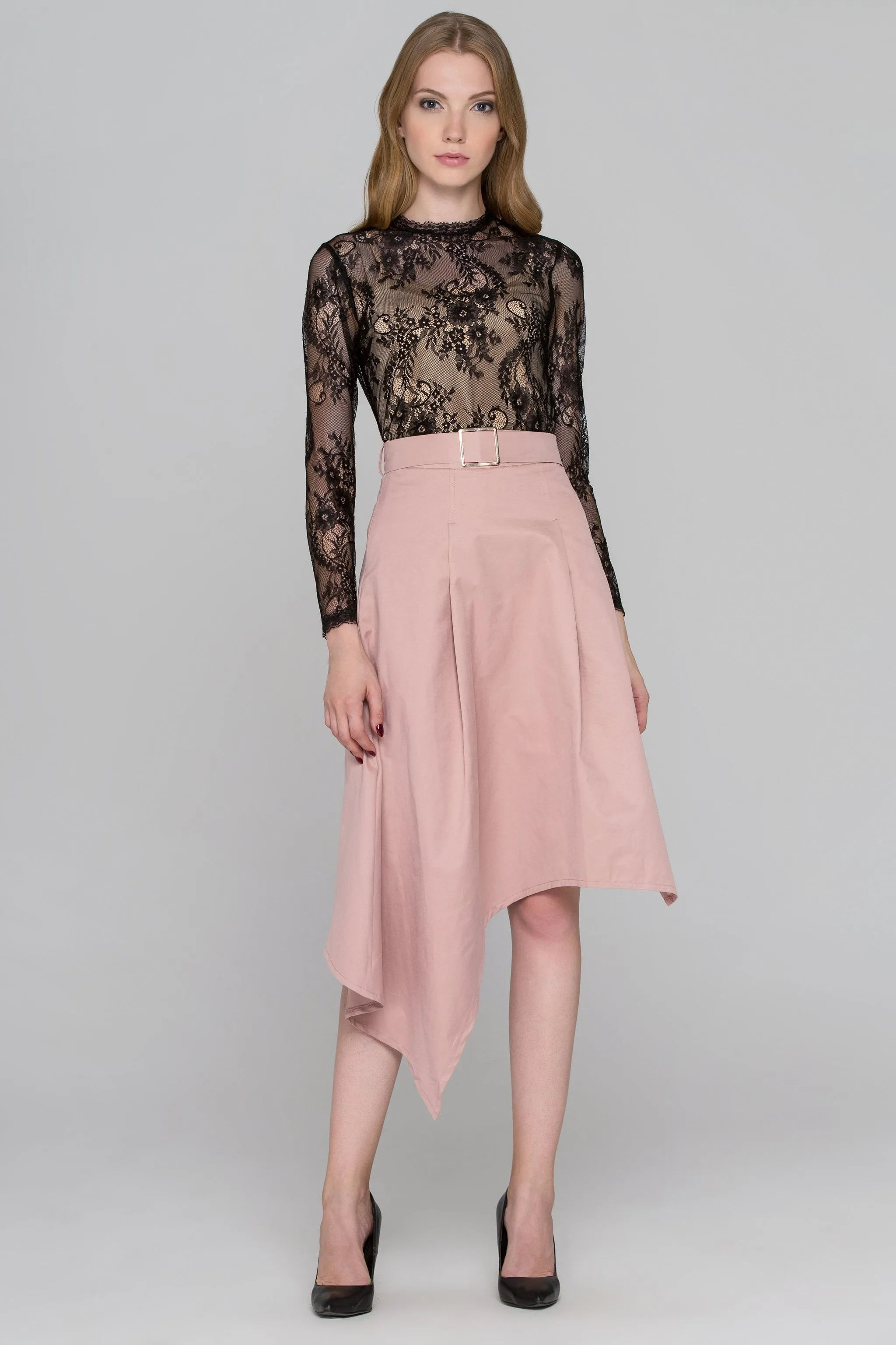 Black Lace Blush Asymmetric Skirt Dress Set