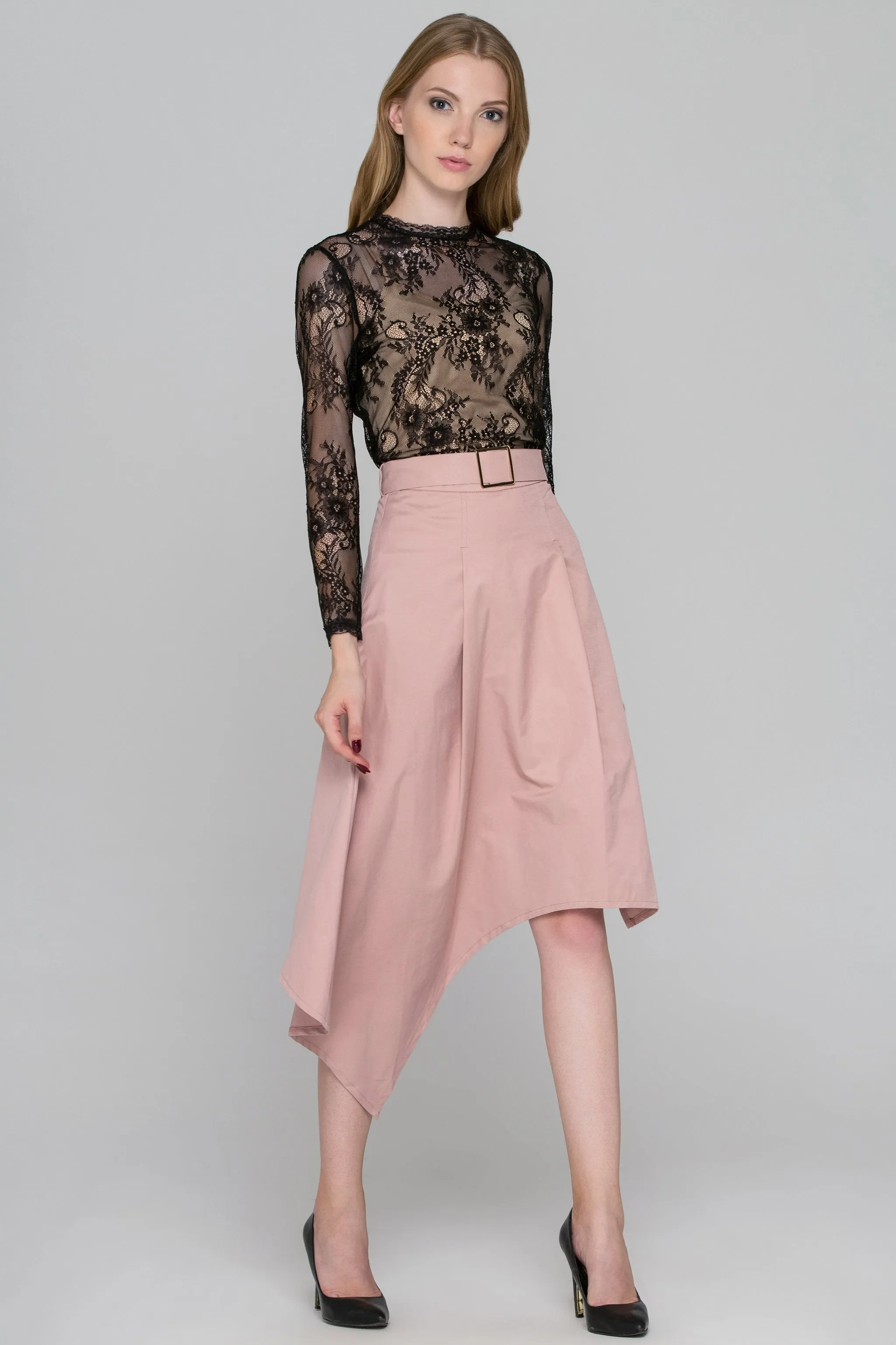 Black Lace Blush Asymmetric Skirt Dress Set