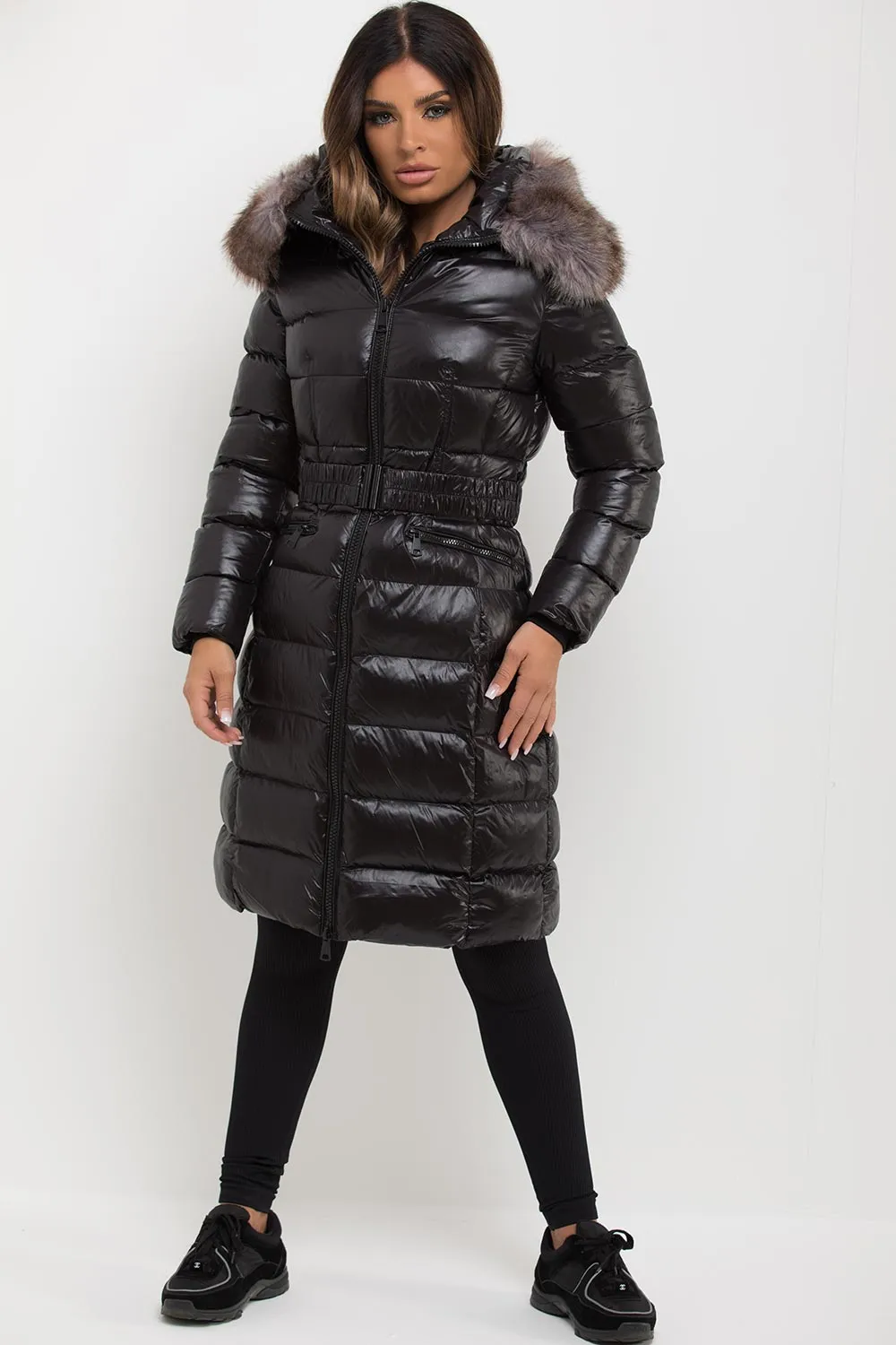 Black Long Puffer Padded Jacket With Faux Fur Hood & Belt