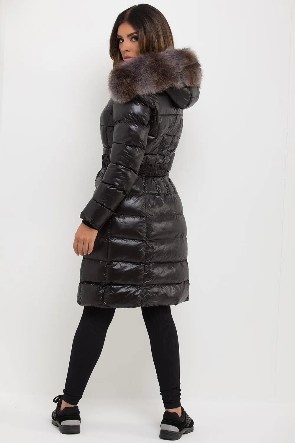 Black Long Puffer Padded Jacket With Faux Fur Hood & Belt