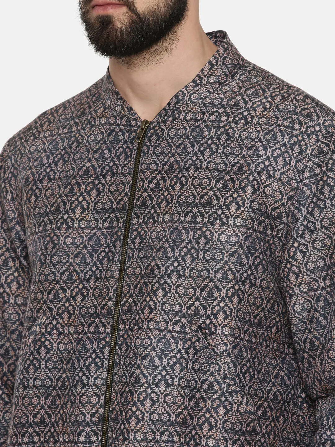 Blue Beige Linen Bember Printed Jacket - MMBJ015