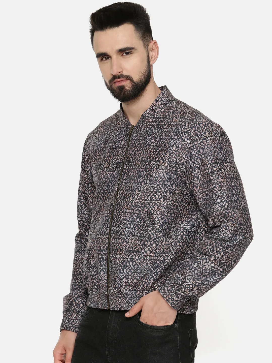 Blue Beige Linen Bember Printed Jacket - MMBJ015