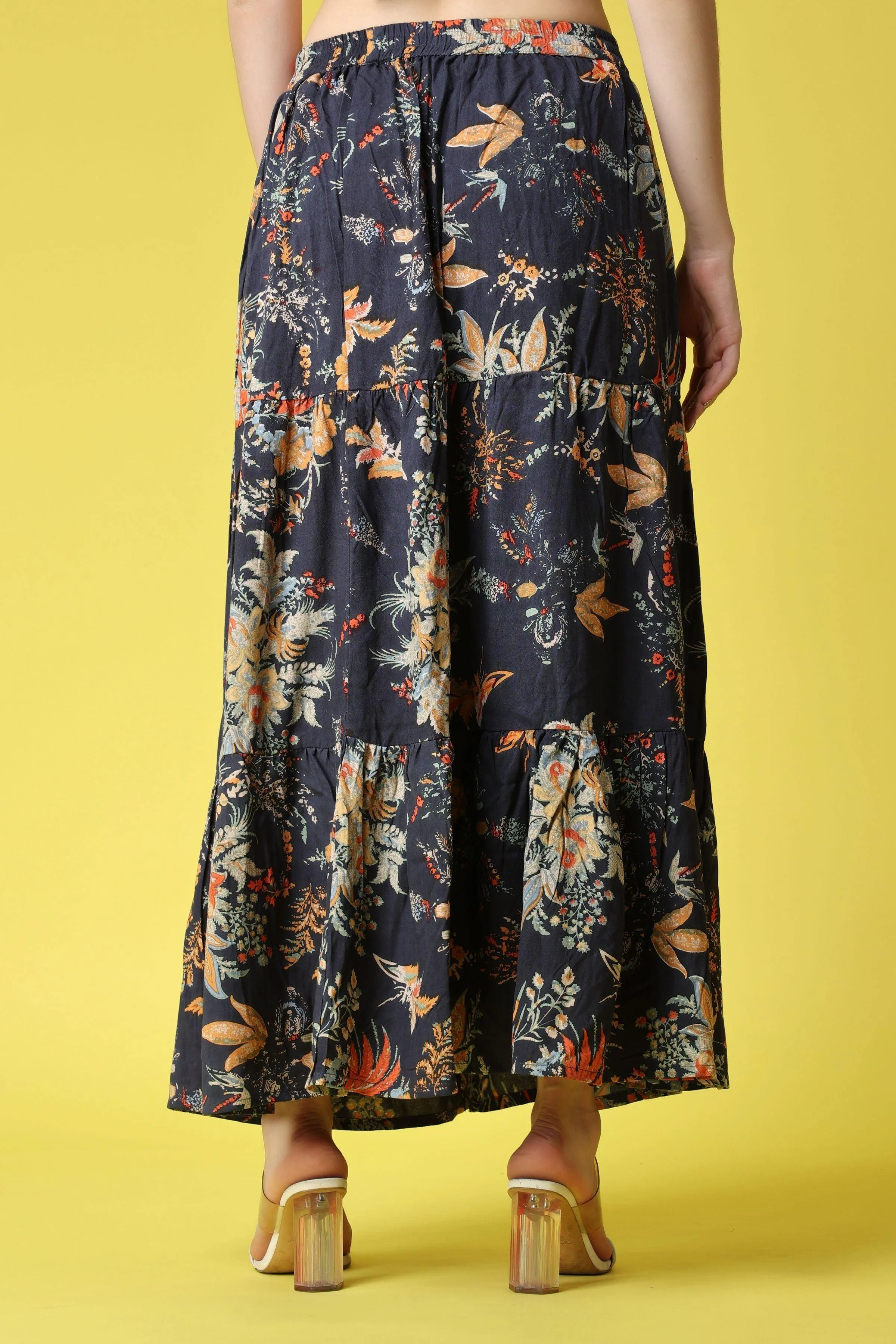 Blue Floral Printed Long Skirt