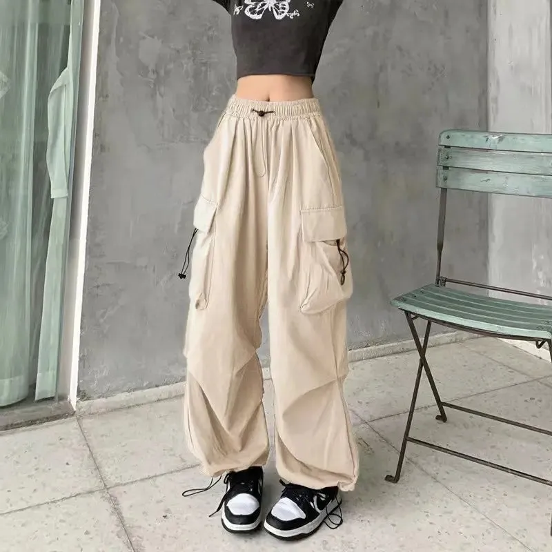 Bonnyshow Women Casual Joggers Tech Pants Solid Low Waist Pants Drawstring Wide Leg Baggy Trousers Y2k Streetwear Oversize Sweatpants