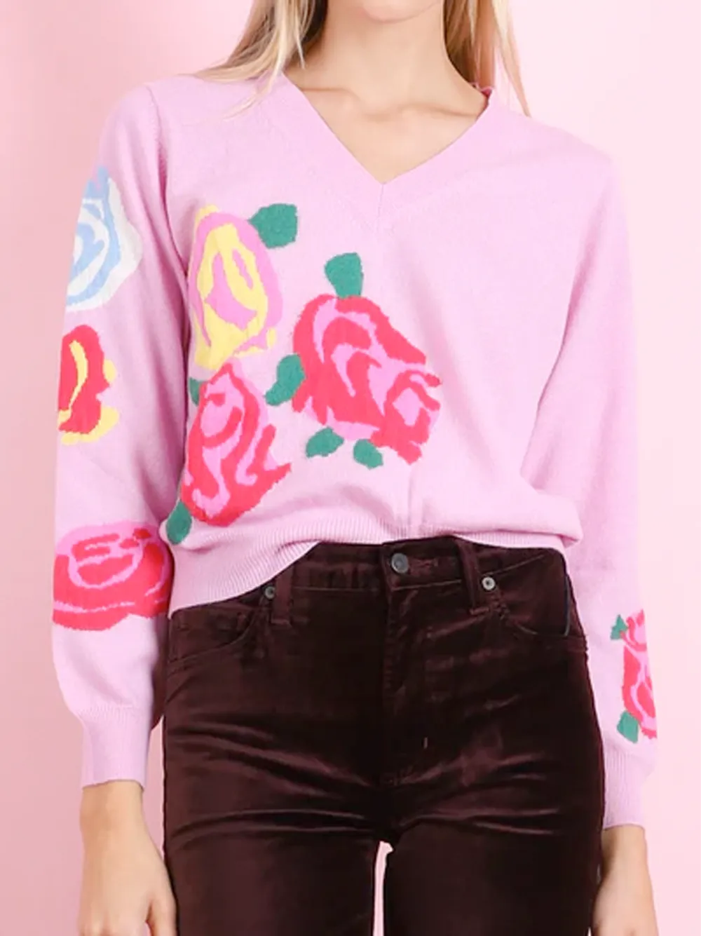 Cashmere Flower Vee Sweater in Rose