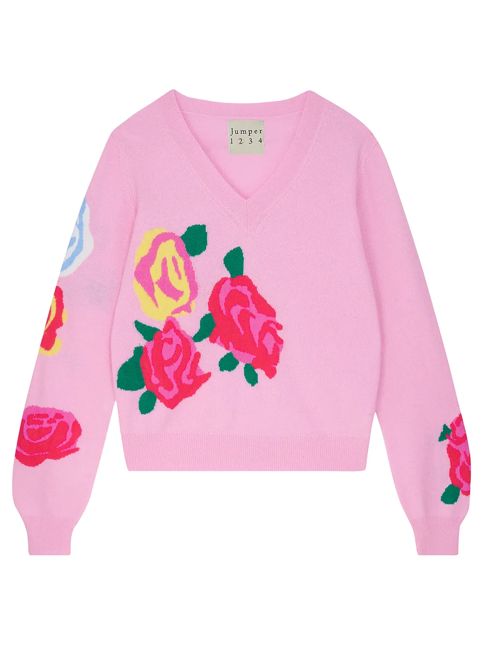 Cashmere Flower Vee Sweater in Rose