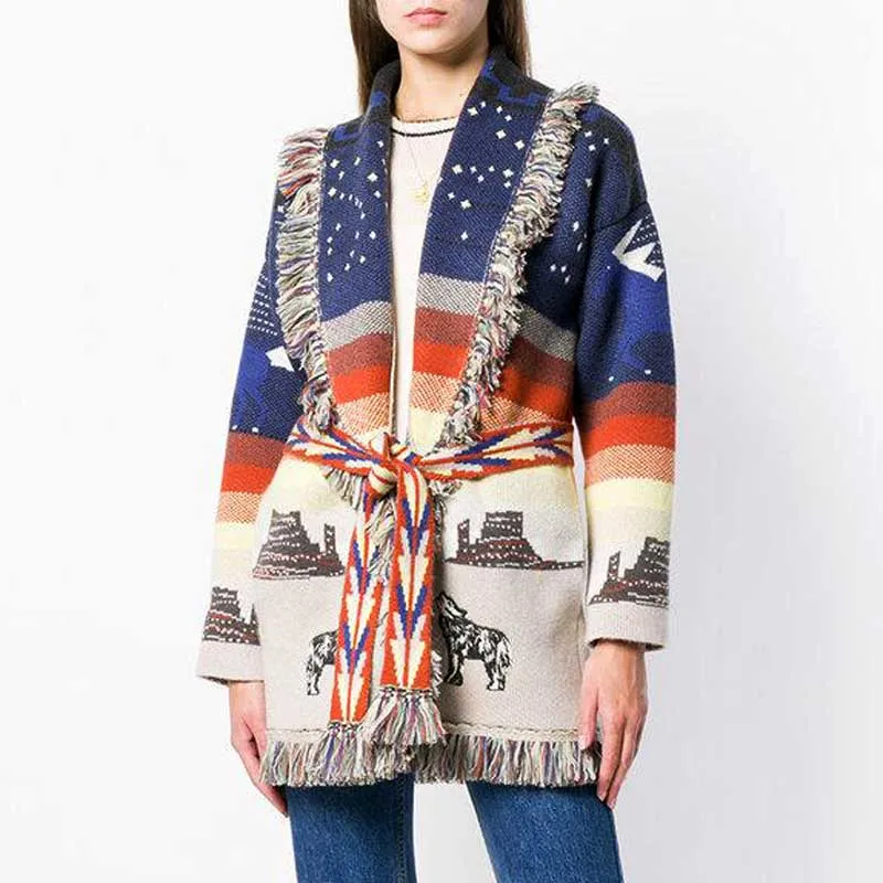 Cashmere Sweater Coat Midnight Desert Scene Fringed Collar Southwestern Cardigan With Plateaus Howling Wolves Painted Desert Tones And Cactus Available In Small Medium Or Large