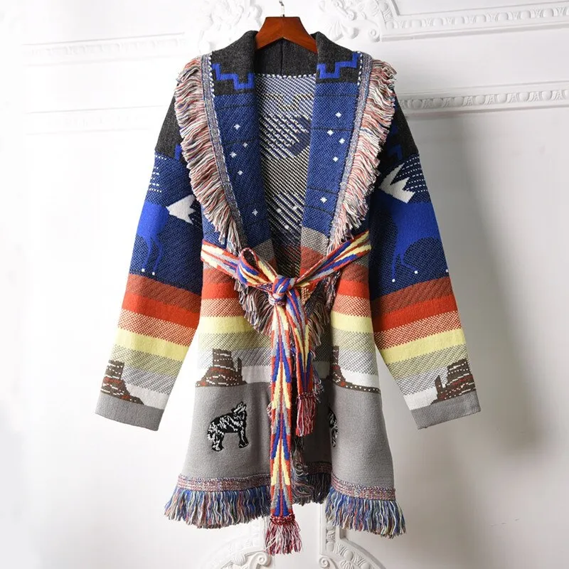 Cashmere Sweater Coat Midnight Desert Scene Fringed Collar Southwestern Cardigan With Plateaus Howling Wolves Painted Desert Tones And Cactus Available In Small Medium Or Large