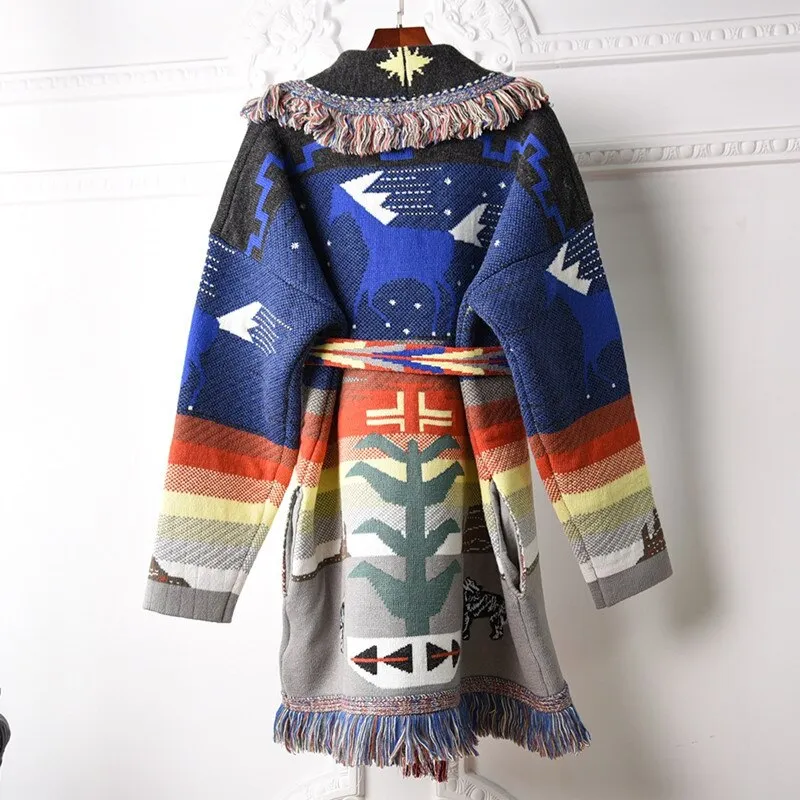 Cashmere Sweater Coat Midnight Desert Scene Fringed Collar Southwestern Cardigan With Plateaus Howling Wolves Painted Desert Tones And Cactus Available In Small Medium Or Large