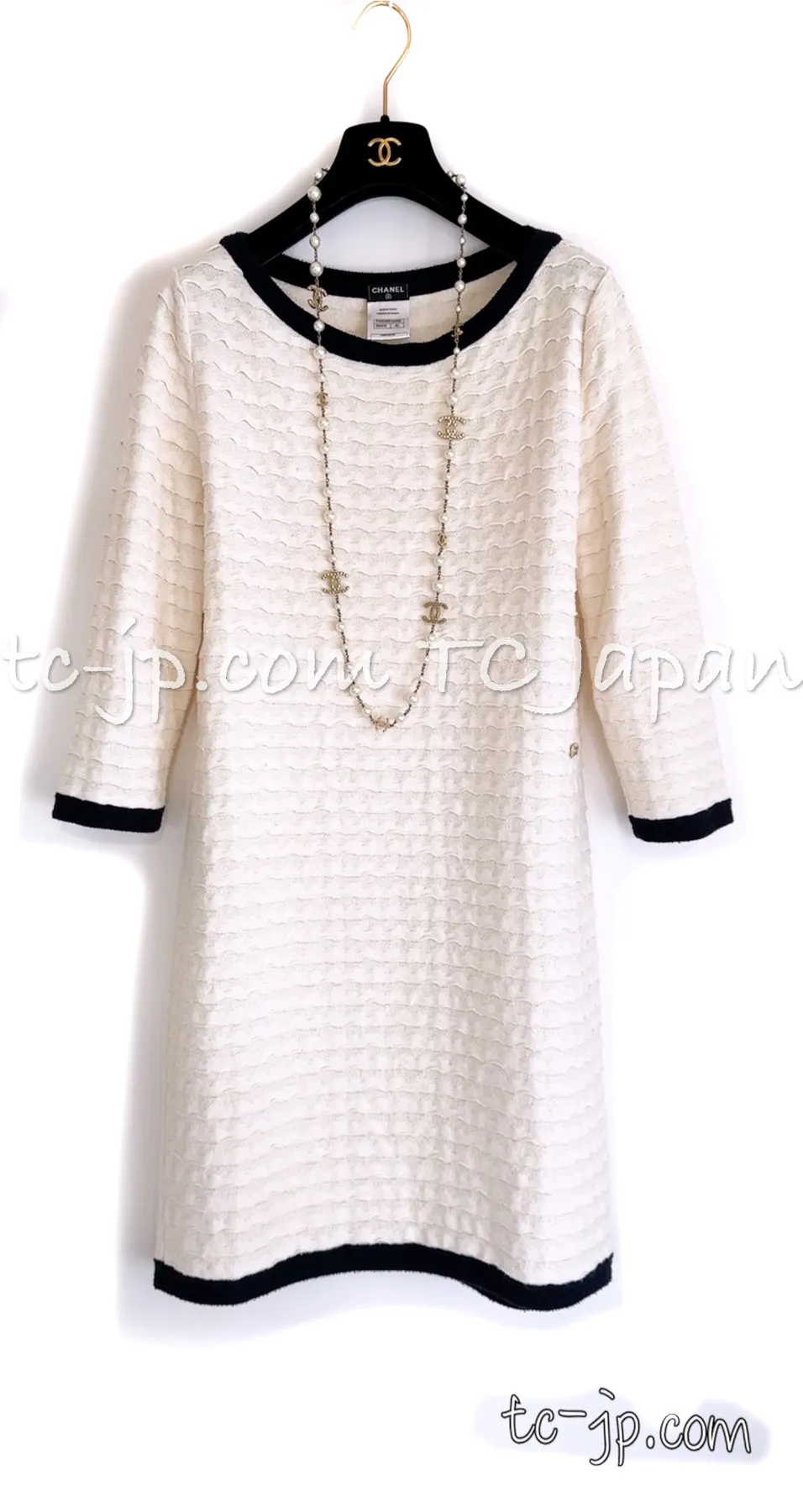 CHANEL 12C Ivory Cotton Cashmere Knit Dress 38 シャネル アイボリー ジャージ カシミア混 コットン ニット ワンピース 即発