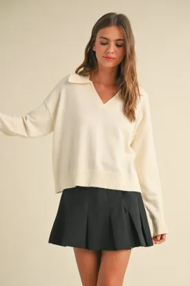 Collared V-neck Long Sleeve Knitted Sweater