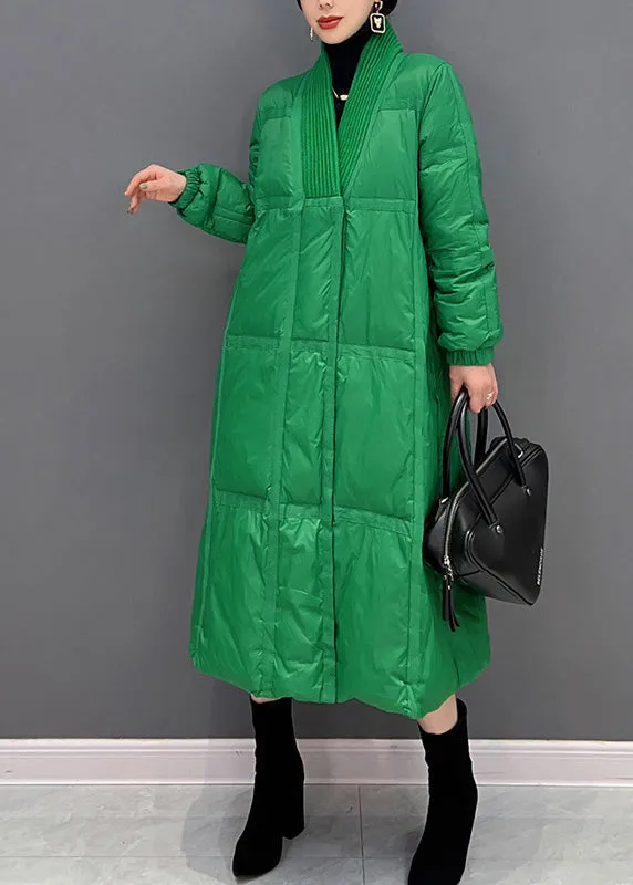 DIY Green V Neck Button Thick Duck Down Down Coat Winter