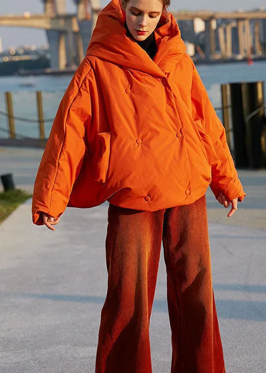 DIY Orange Hooded Oversized Solid Color Duck Down Puffer Coat Batwing Sleeve