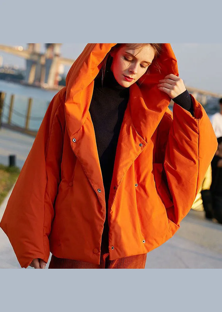 DIY Orange Hooded Oversized Solid Color Duck Down Puffer Coat Batwing Sleeve