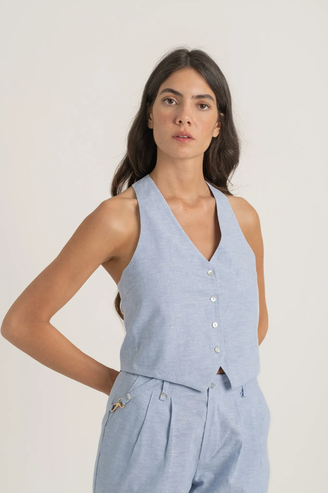 Figurati Linen Gilet Top Sky Blue