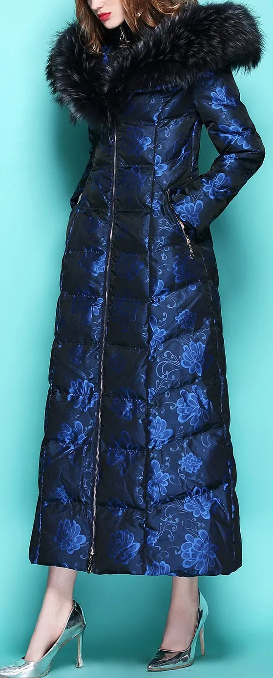 Floral Print Fur-Hooded Long Puffer Coat, Blue