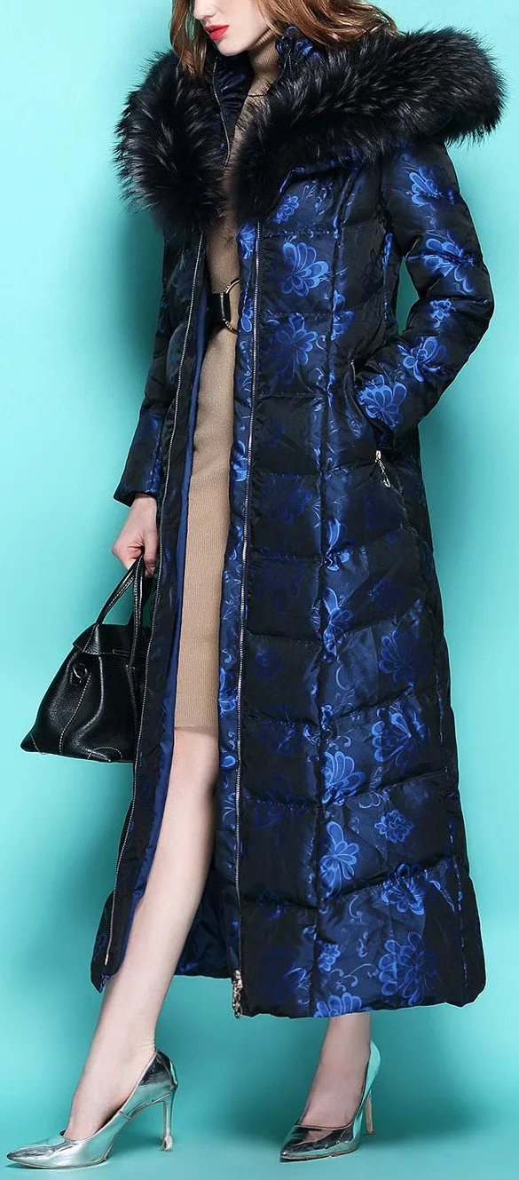 Floral Print Fur-Hooded Long Puffer Coat, Blue