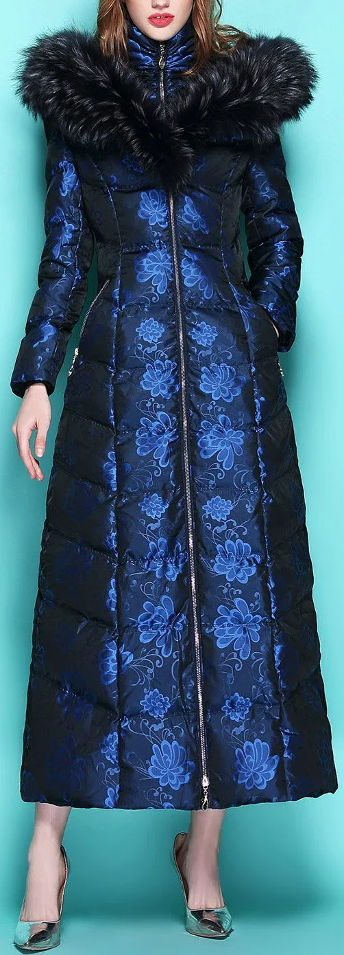 Floral Print Fur-Hooded Long Puffer Coat, Blue