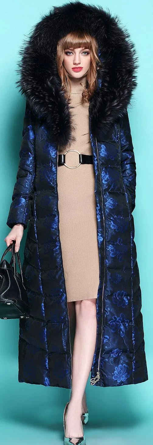 Floral Print Fur-Hooded Long Puffer Coat, Blue