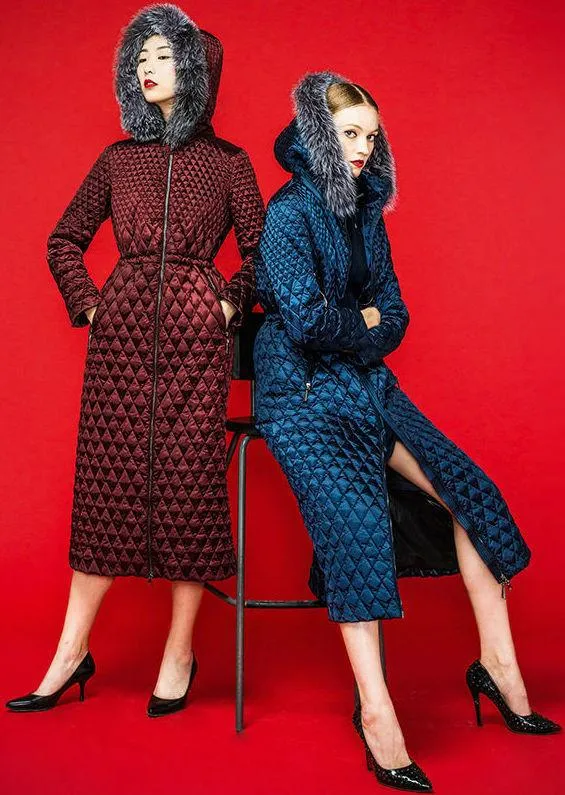 Fur-Hooded Diamond-Quilted Down Coat in Blue or Red