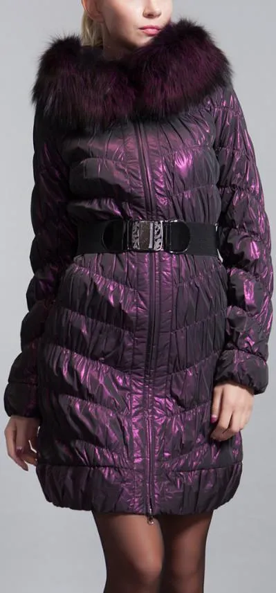 Fur-Hooded Paneled Down Coat, Purple