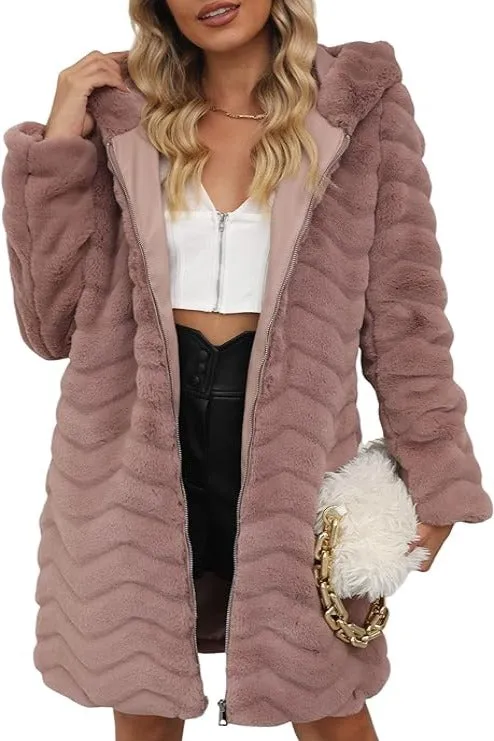 Giolshon Women Faux Fur Coat Long Sleeve Fuzzy  Jacket with Big Hand Pockets