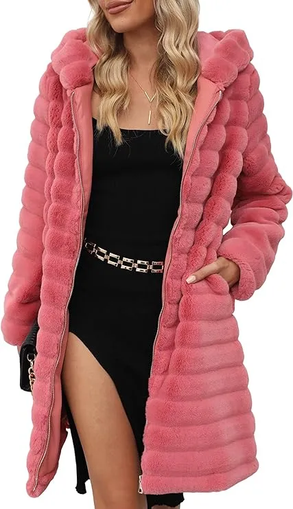 Giolshon Women Faux Fur Coat Long Sleeve Fuzzy  Jacket with Big Hand Pockets