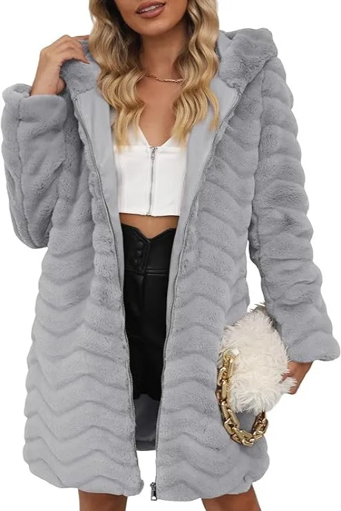 Giolshon Women Faux Fur Coat Long Sleeve Fuzzy  Jacket with Big Hand Pockets