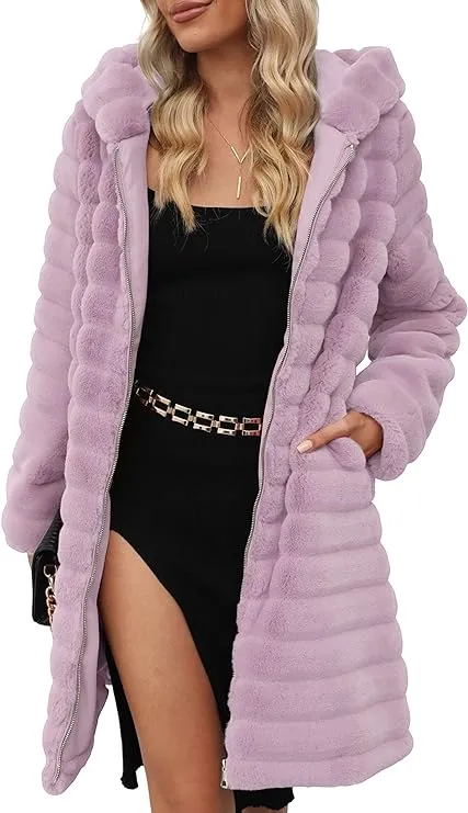 Giolshon Women Faux Fur Coat Long Sleeve Fuzzy  Jacket with Big Hand Pockets