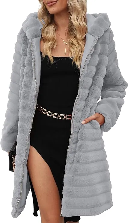 Giolshon Women Faux Fur Coat Long Sleeve Fuzzy  Jacket with Big Hand Pockets