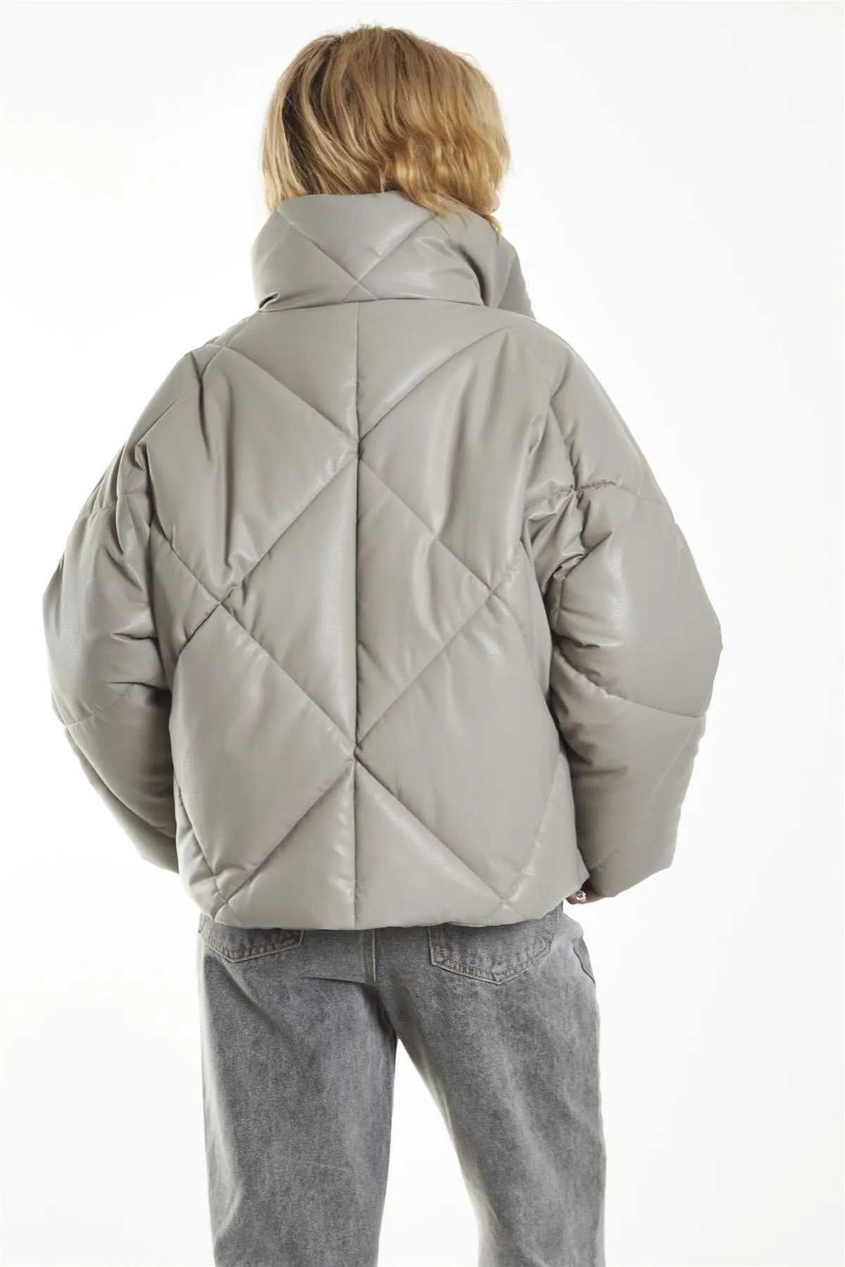 Grey Collared Long-Sleeve Puffer-Jacket