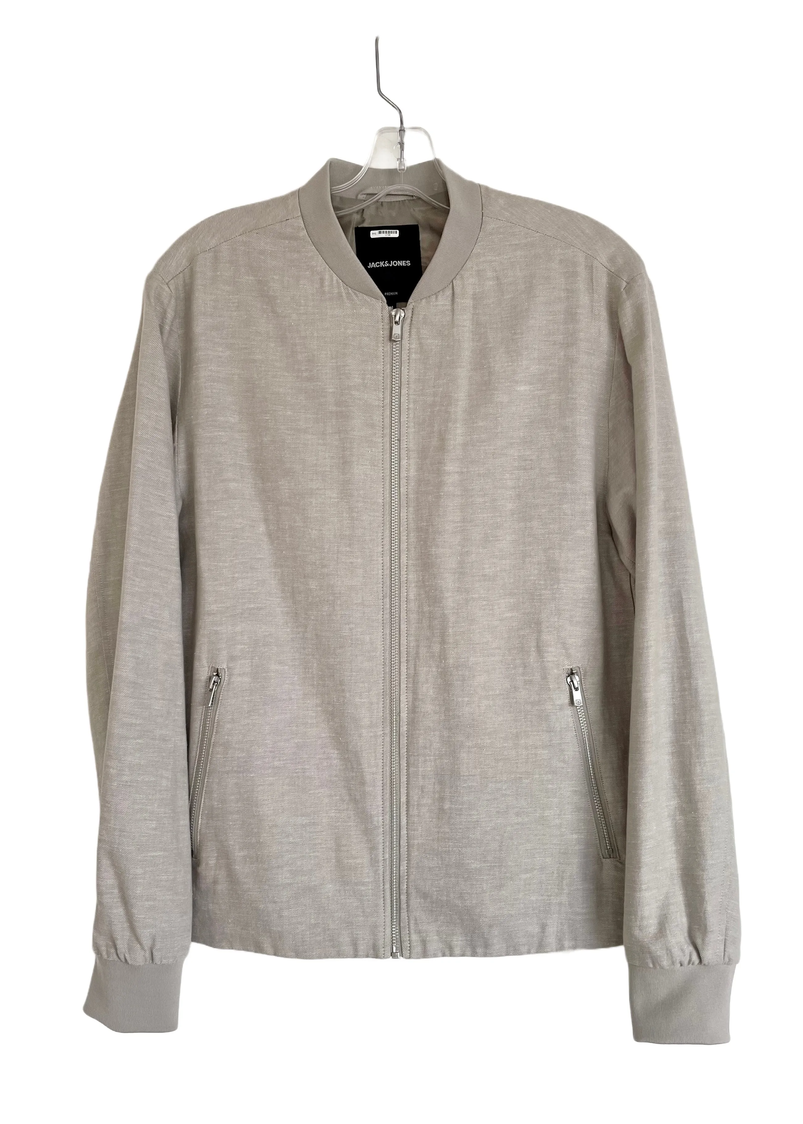 JACK & JONES Men's beige natural colour linen bomber jacket w/ knit collar and cuffs, M