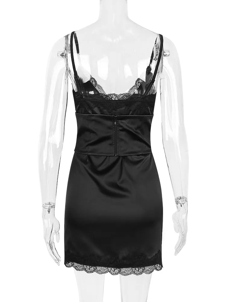 Lace Trim Satin Slip Graceful Mini Dress With Corset