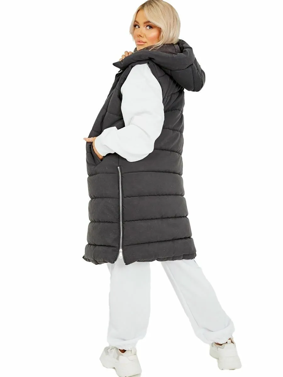 Ladies Puffer Jackets Long Padded Hooded Longline Gilet Winter Coats