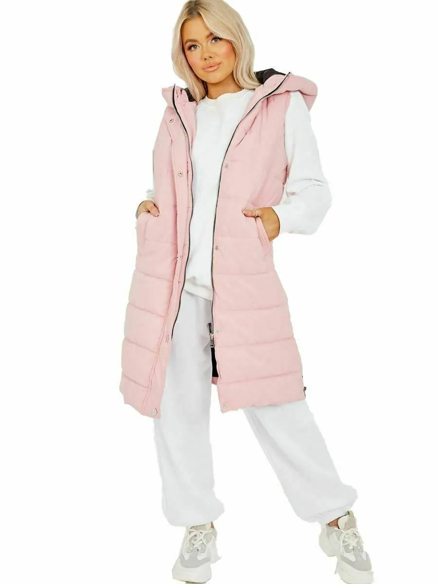 Ladies Puffer Jackets Long Padded Hooded Longline Gilet Winter Coats