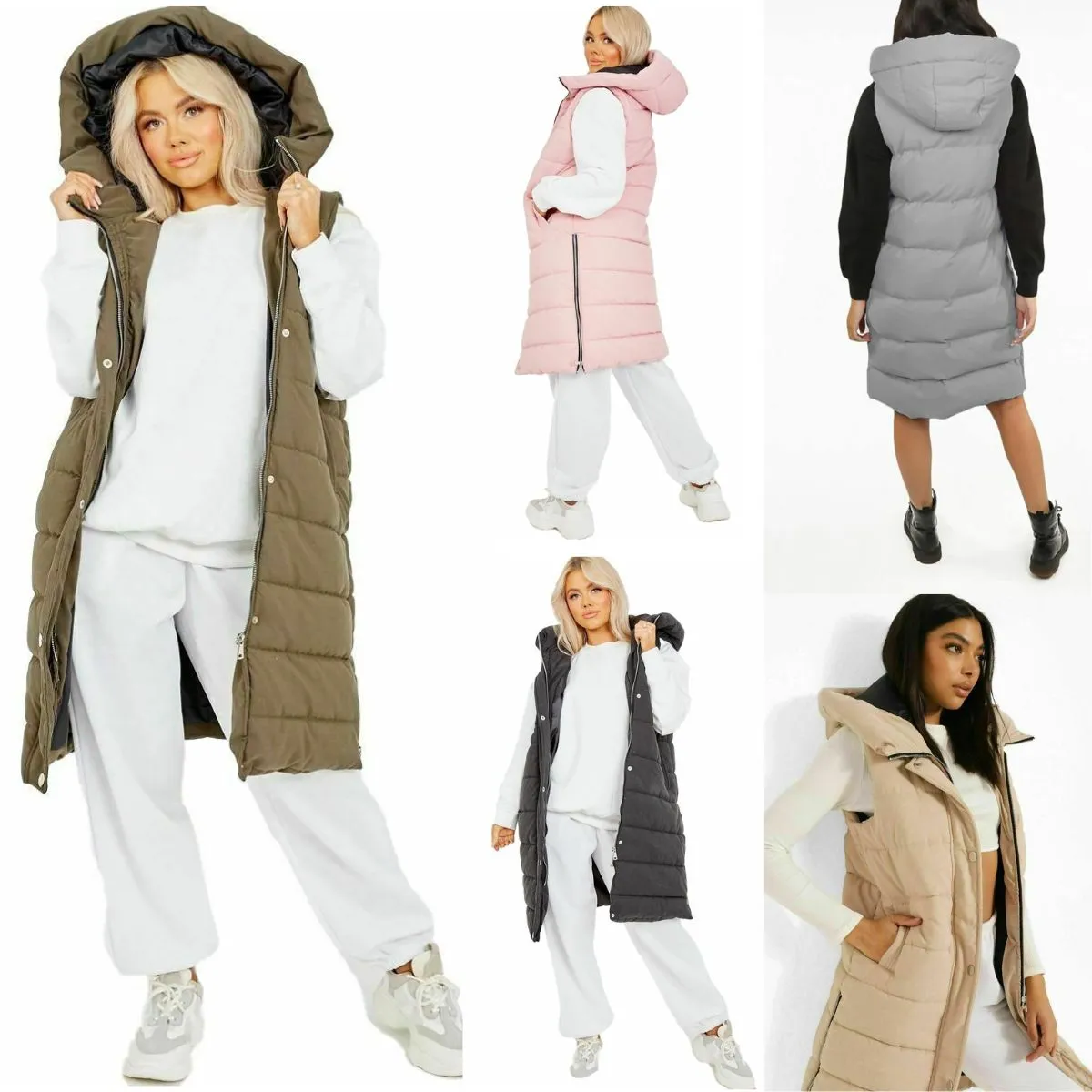 Ladies Puffer Jackets Long Padded Hooded Longline Gilet Winter Coats