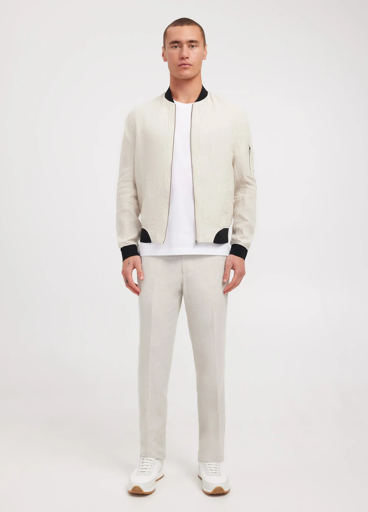 Linen Zip Through Bomber Jacket Natural